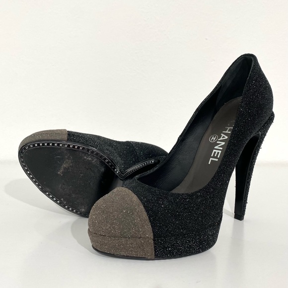 Authentic Chanel Black and Grey Glitter Platform Heels size 37 1/2 - Picture 7 of 12